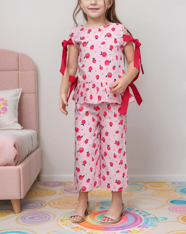 Girls Summer Outfit – White Heart Print Top & Pants with Ribbon Detail