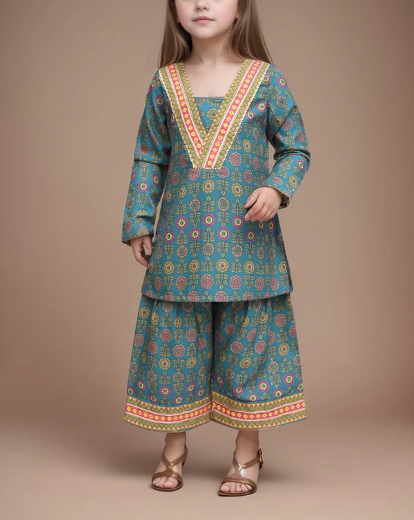 Girls Traditional Outfit – Teal Printed Kurta with Palazzo Pants (2-Piece Set)