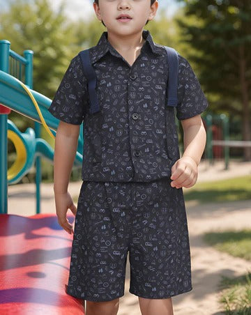 Boys Formal Shirt & Shorts Set with Suspenders – White & Black
