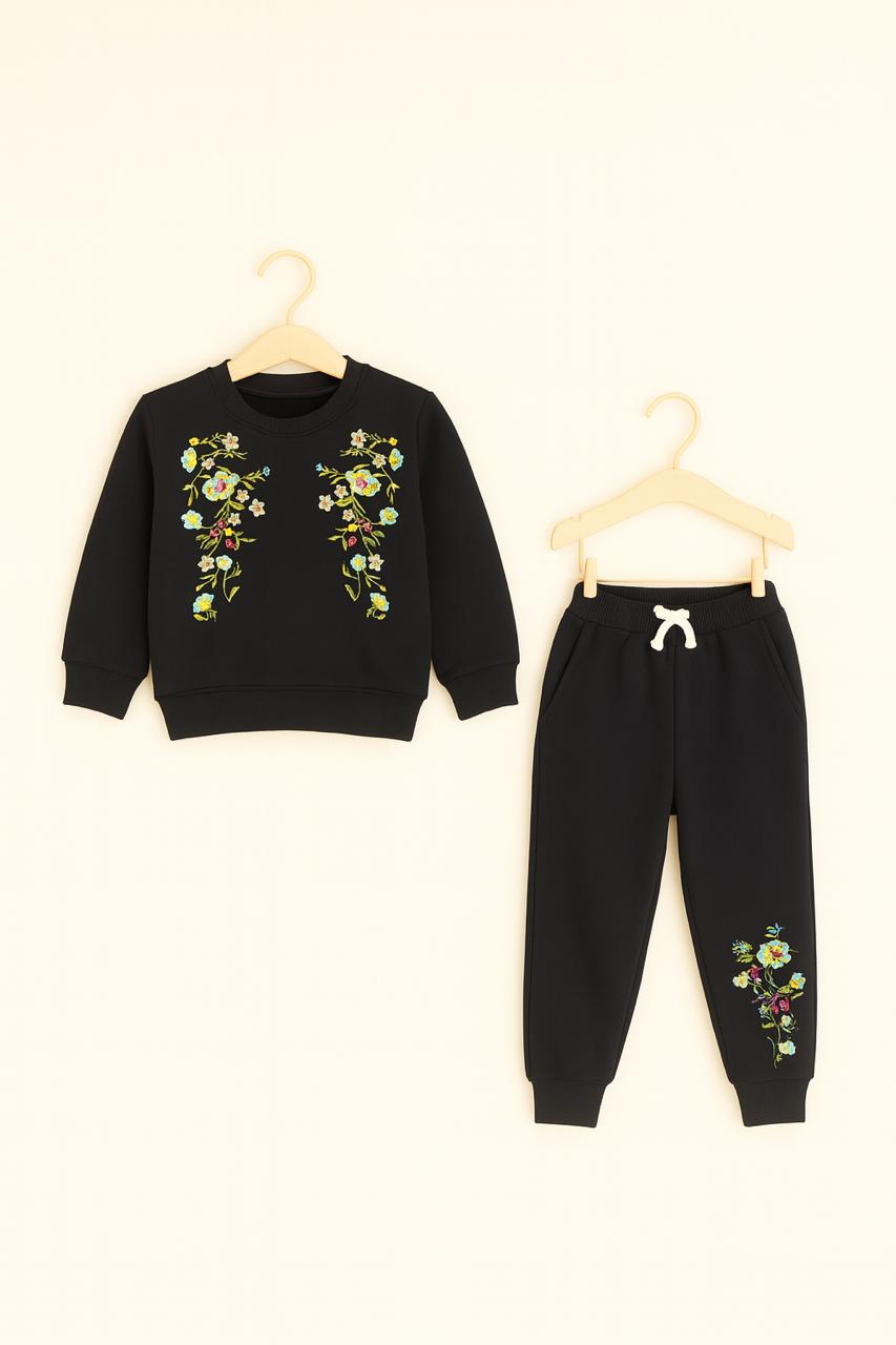 Stylish Black Embroidered Floral Tracksuit for Girls
