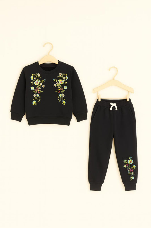 Stylish Black Embroidered Floral Tracksuit for Girls