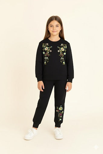 Stylish Black Embroidered Floral Tracksuit for Girls
