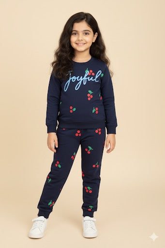 Girls' "Joyful" Cherry Print Sweatshirt and Joggers Set