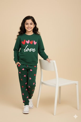 Girls' Warm Heart Pattern Tracksuit