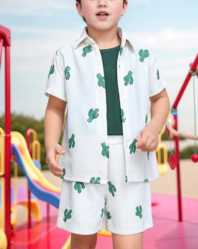 Boys Printed Shirt & Shorts Set – White & Green Summer Outfit