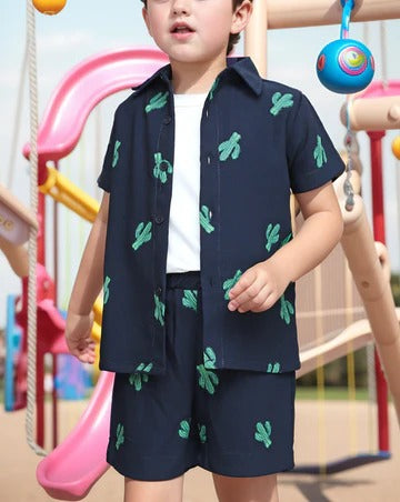 Boys Printed Shirt & Shorts Set – White & Green Summer Outfit