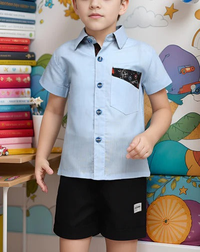 Boys Summer Outfit – Sky Blue Shirt & Black Shorts Set (2-Piece)