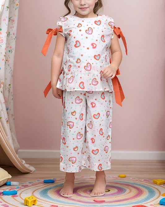 Girls Summer Outfit – White Heart Print Top & Pants with Ribbon Detail