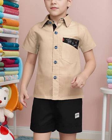Boys Summer Outfit – Sky Blue Shirt & Black Shorts Set (2-Piece)