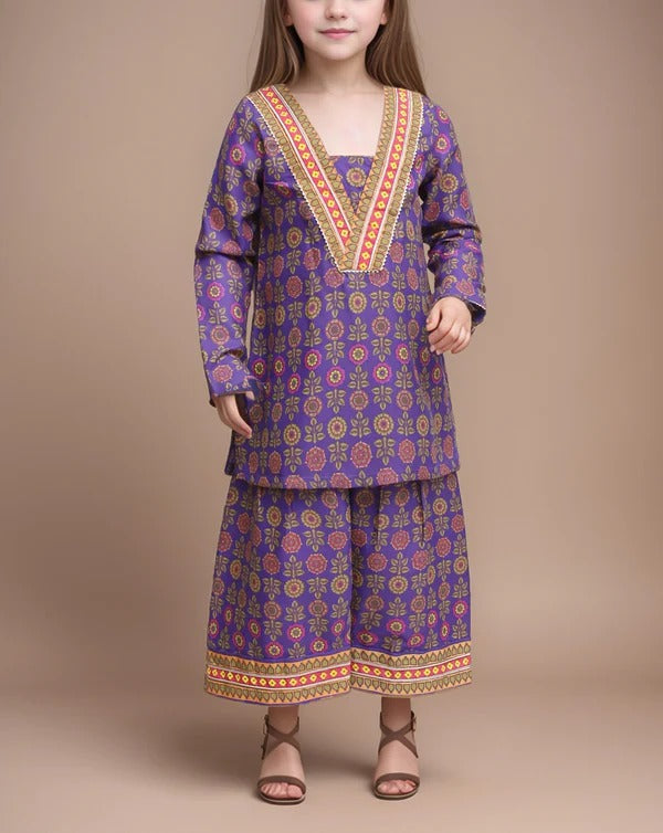 Girls Traditional Outfit – Teal Printed Kurta with Palazzo Pants (2-Piece Set)