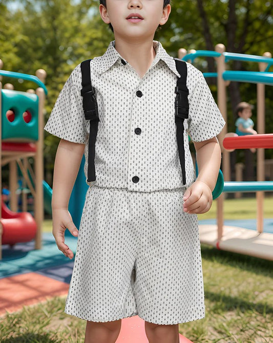 Boys Formal Shirt & Shorts Set with Suspenders – White & Black