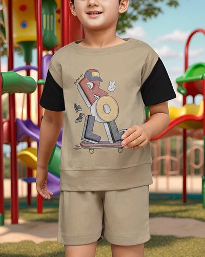 Boys Graphic T-Shirt & Shorts Set – Beige Casual Wear