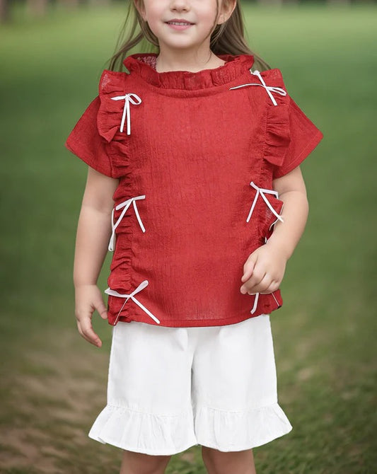 Girls Casual Outfit – Red Ruffle Top with White Shorts (2-Piece Set)