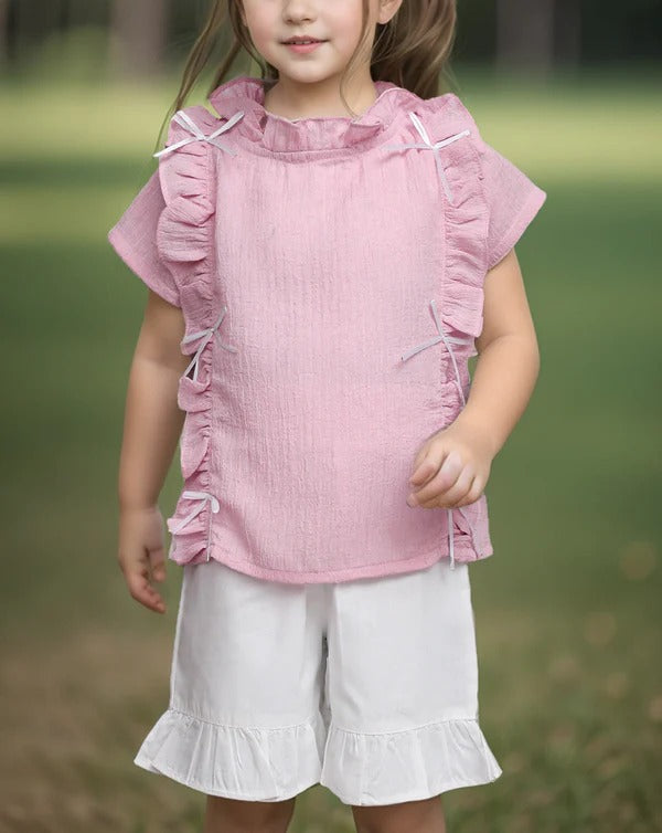 Girls Casual Outfit – Red Ruffle Top with White Shorts (2-Piece Set)